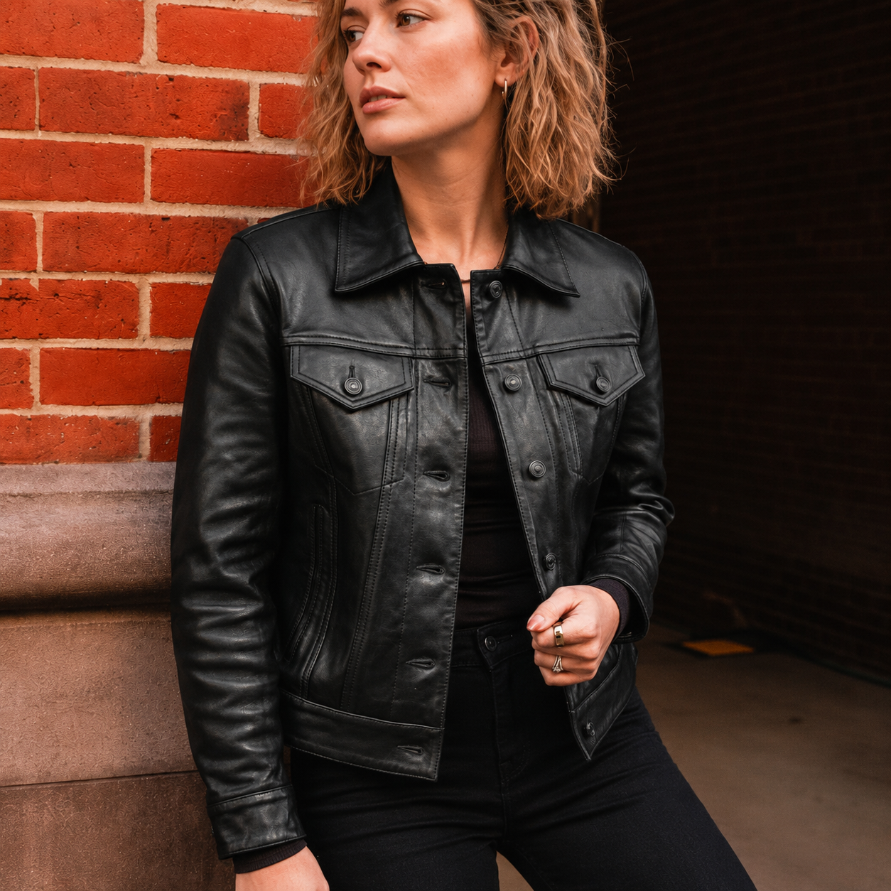 Women’s Black Lambskin Leather Trucker Jacket
