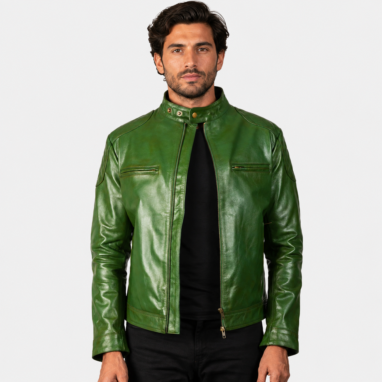 Men’s Green Sheepskin Leather Biker Jacket with Quilted Shoulders