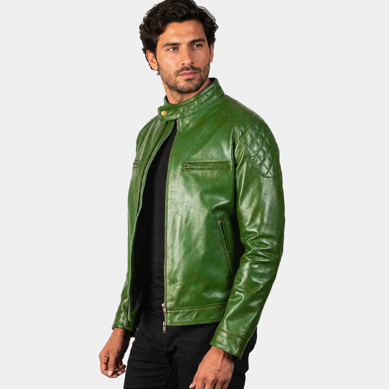 Men’s Green Sheepskin Leather Biker Jacket with Quilted Shoulders