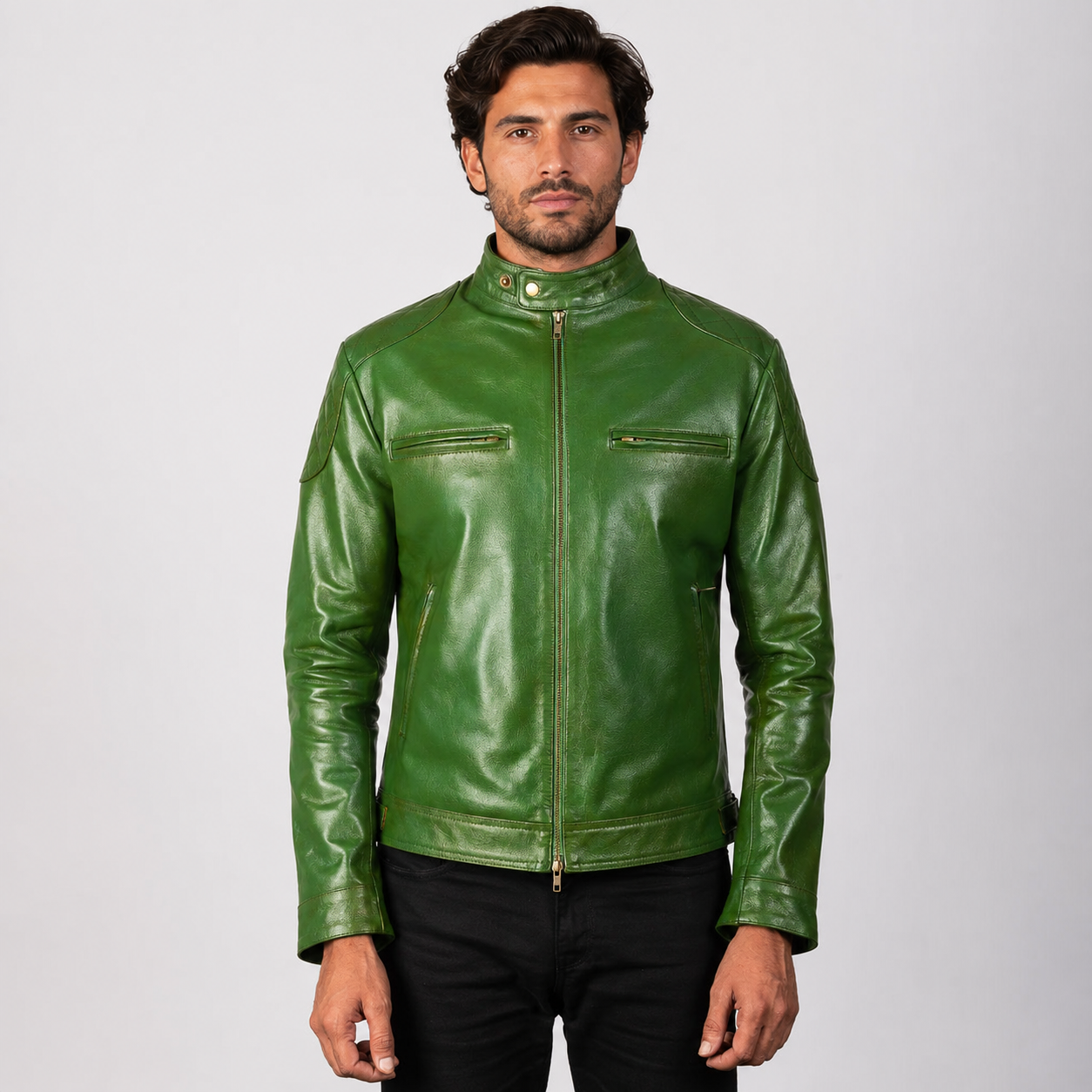 Men’s Green Sheepskin Leather Biker Jacket with Quilted Shoulders