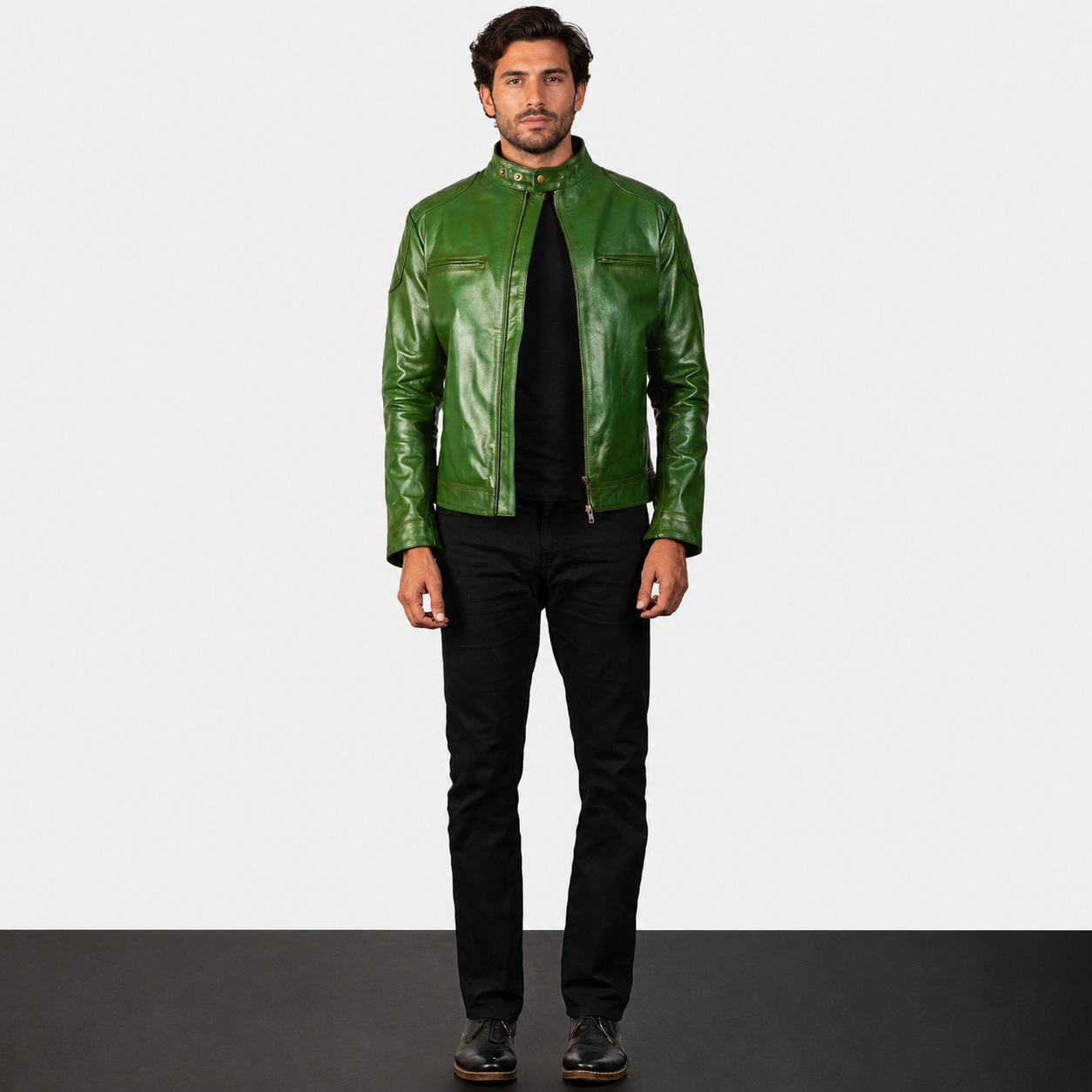 Men’s Green Sheepskin Leather Biker Jacket with Quilted Shoulders