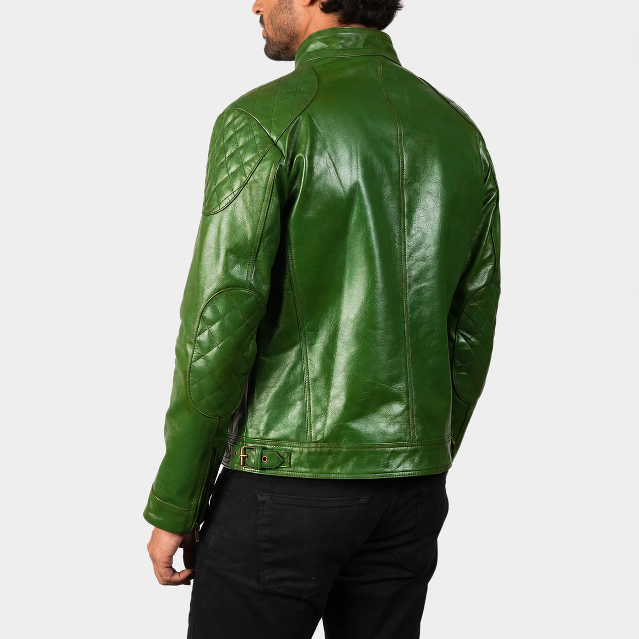 Men’s Green Sheepskin Leather Biker Jacket with Quilted Shoulders