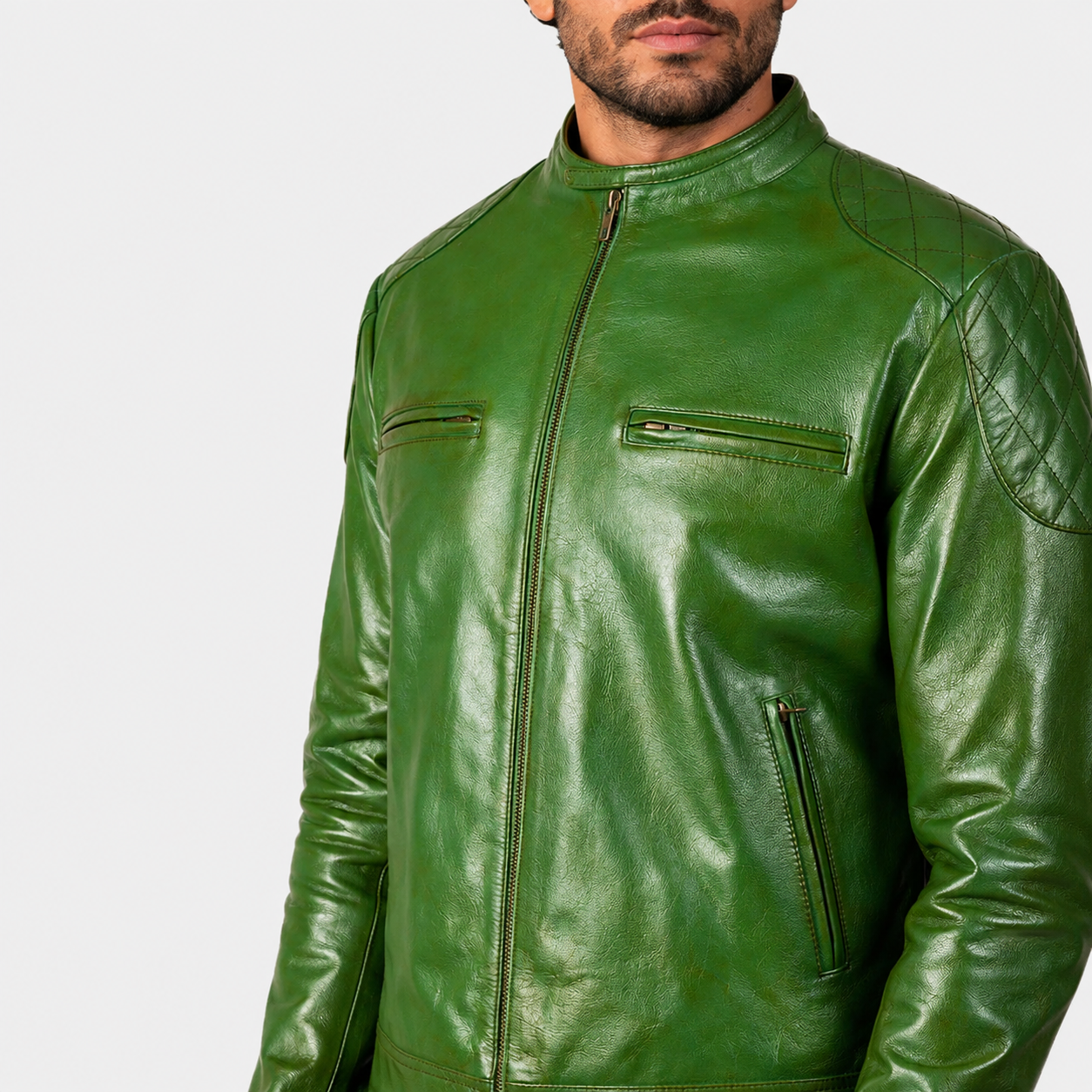 Men’s Green Sheepskin Leather Biker Jacket with Quilted Shoulders
