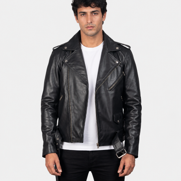 Men’s Black Cowhide Leather Biker Jacket with Waist Belt
