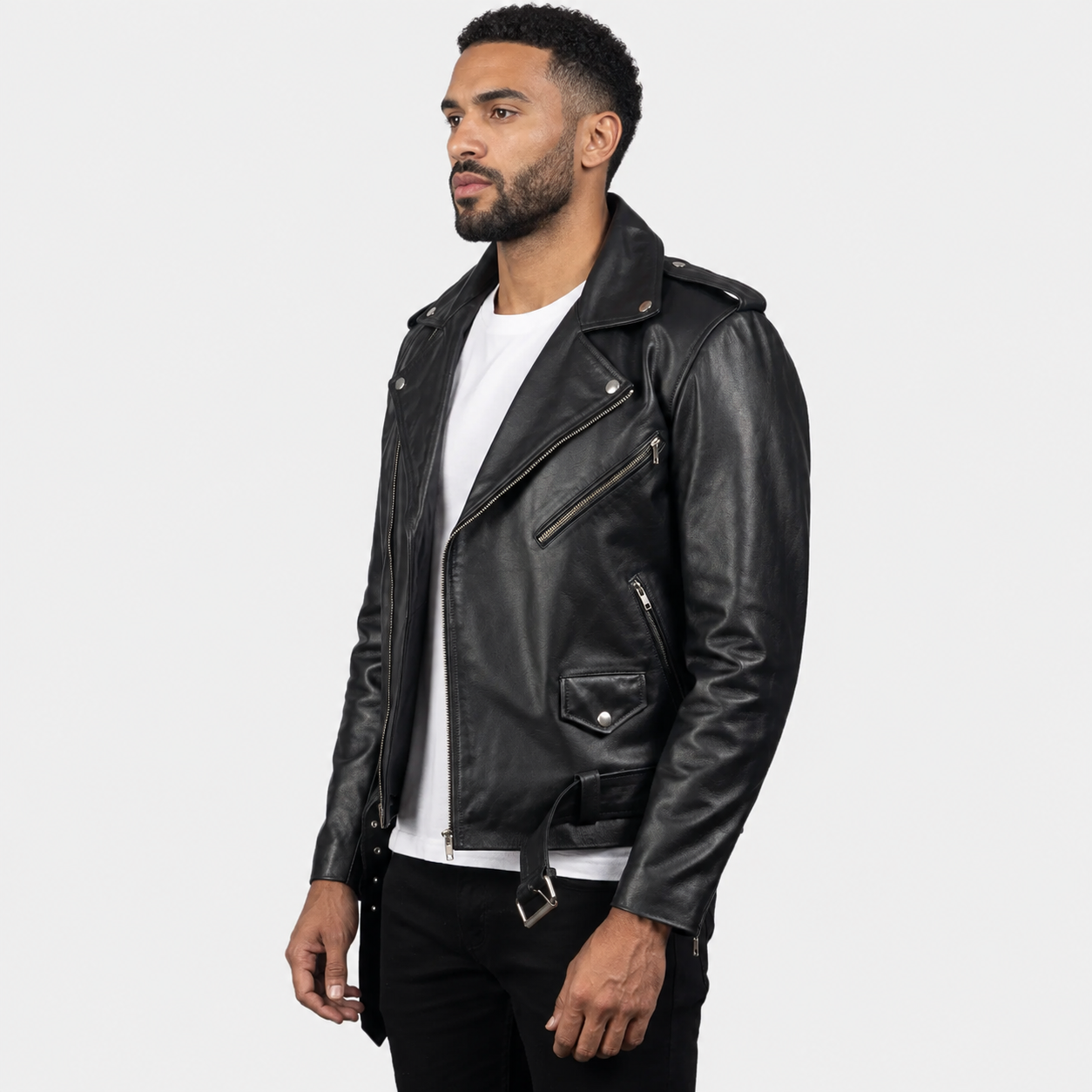 Men’s Black Cowhide Leather Biker Jacket with Waist Belt
