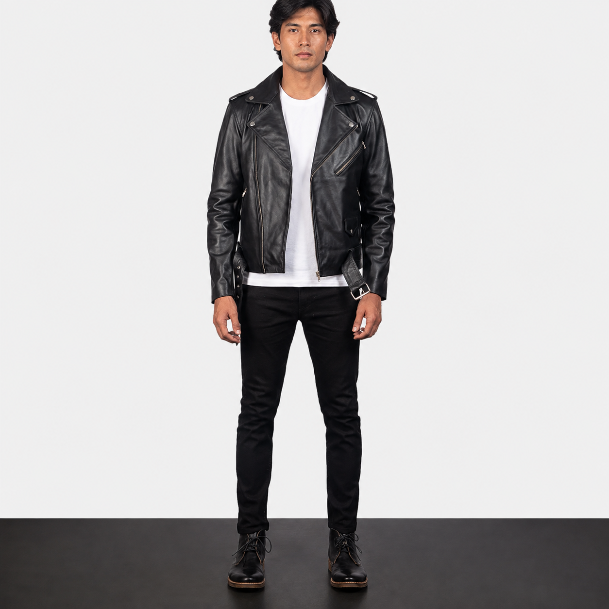 Men’s Black Cowhide Leather Biker Jacket with Waist Belt