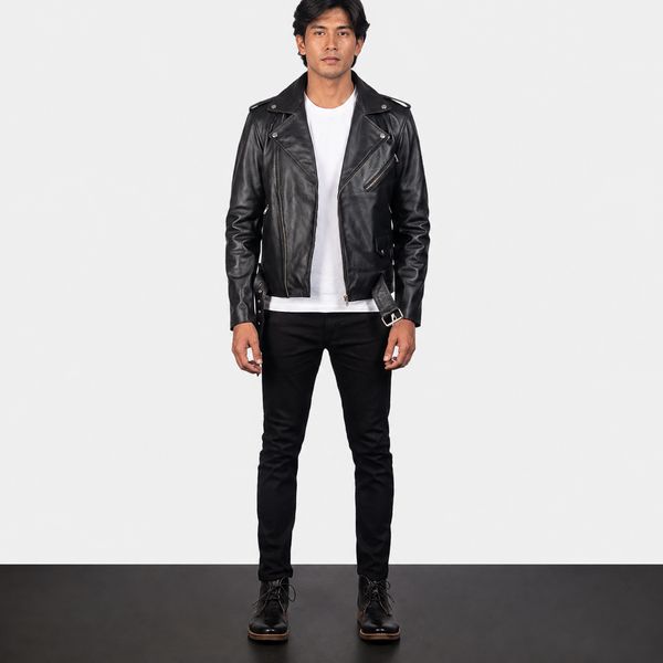 Men’s Black Cowhide Leather Biker Jacket with Waist Belt