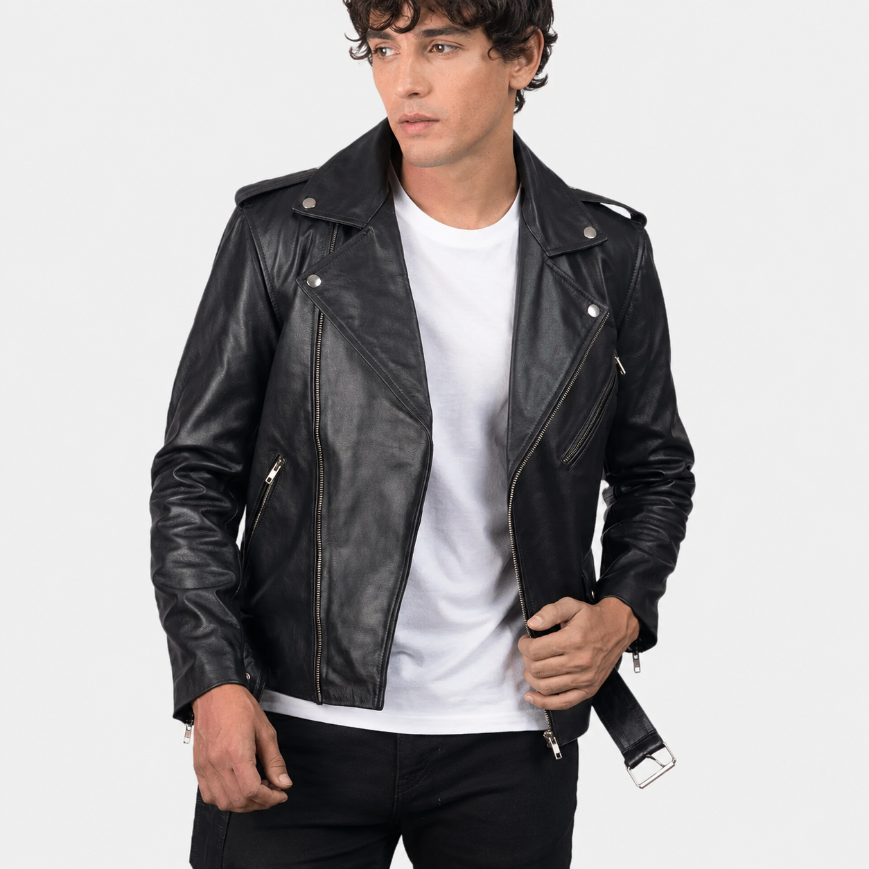 Men’s Black Cowhide Leather Biker Jacket with Waist Belt