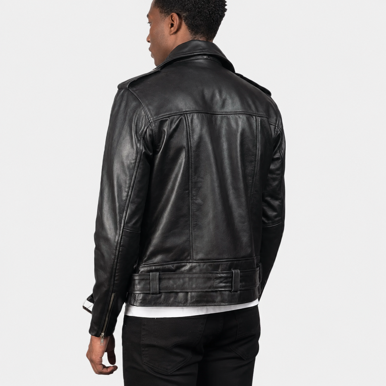 Men’s Black Cowhide Leather Biker Jacket with Waist Belt