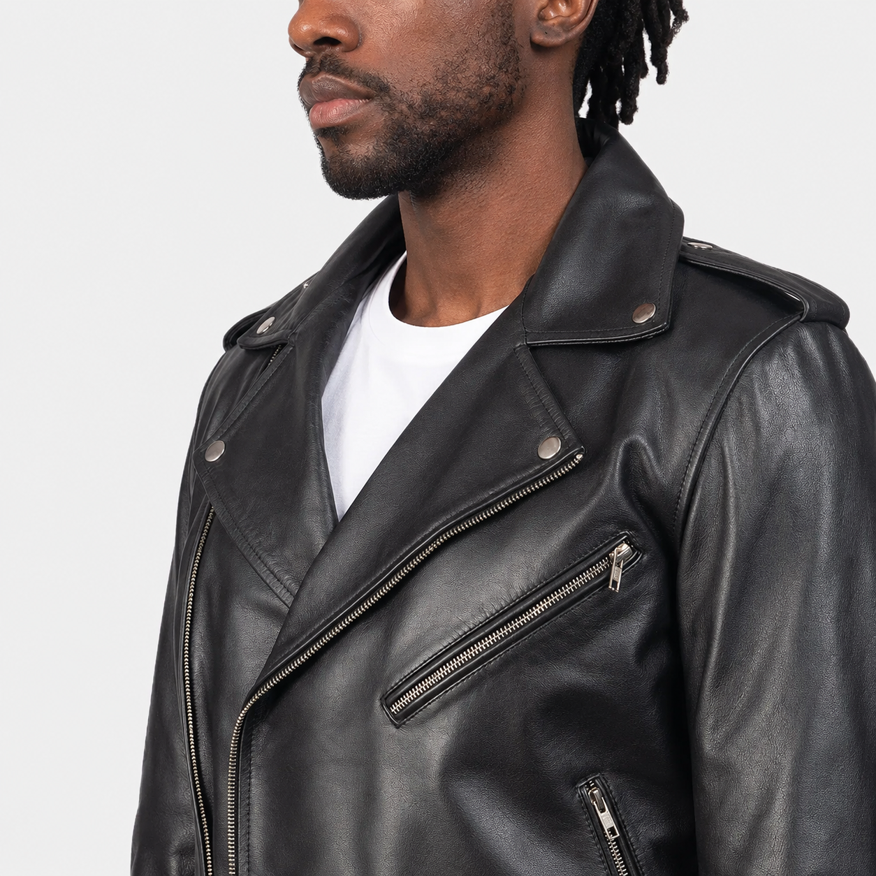 Men’s Black Cowhide Leather Biker Jacket with Waist Belt
