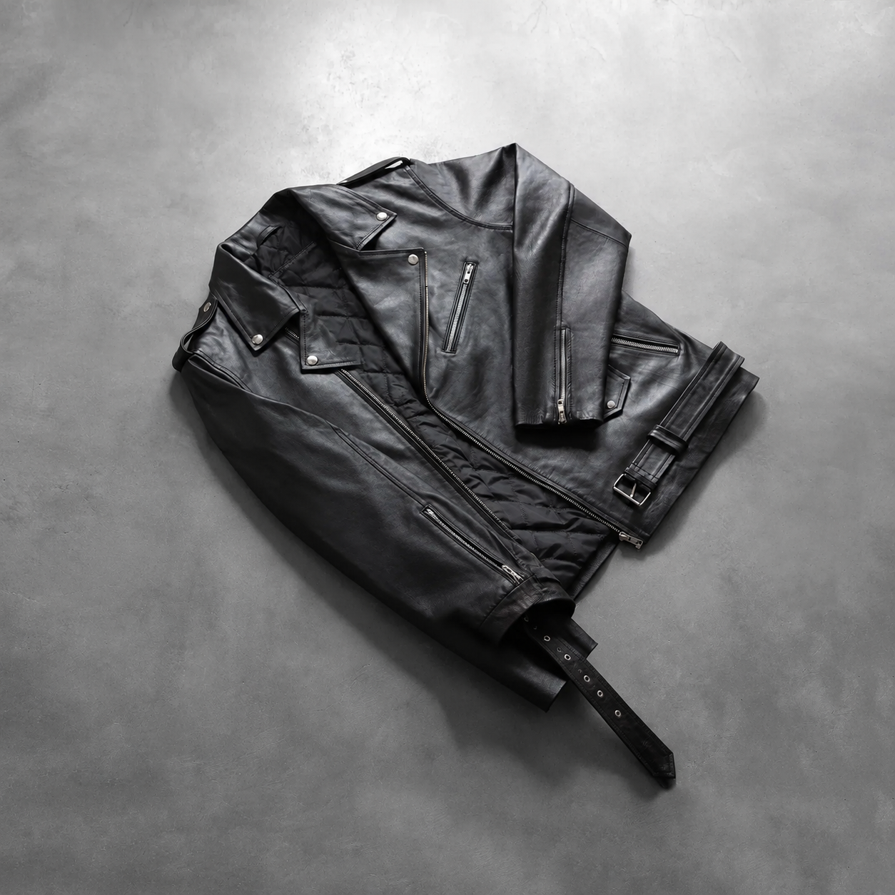 Men’s Black Cowhide Leather Biker Jacket with Waist Belt