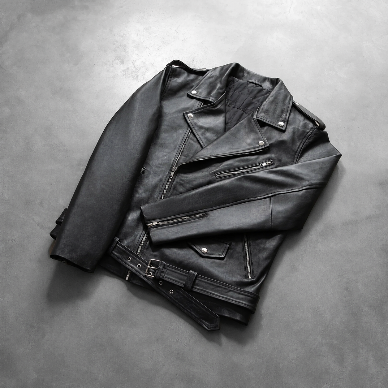 Men’s Black Cowhide Leather Biker Jacket with Waist Belt