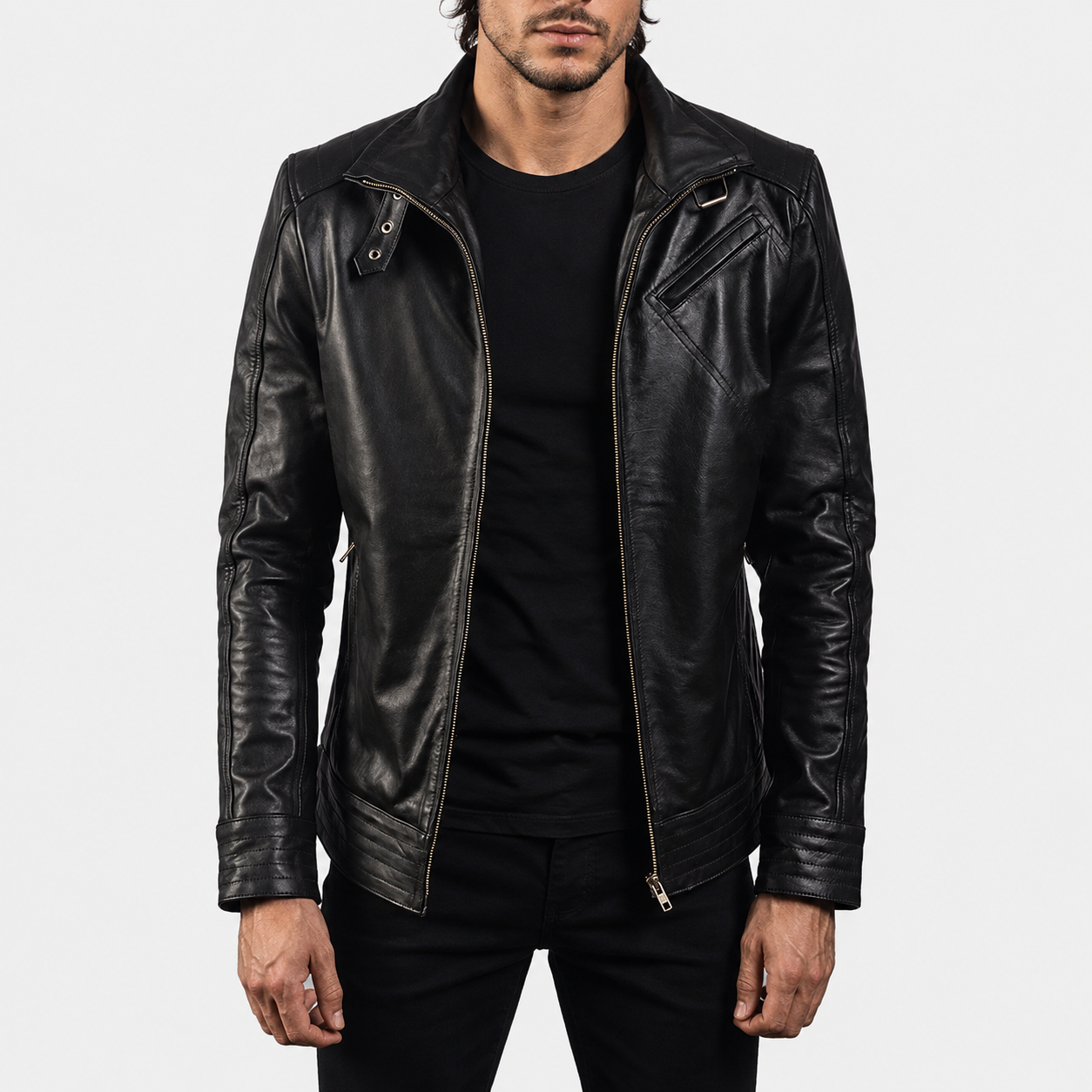 Men’s Black Cowhide Leather Biker Jacket with High Neck Collar