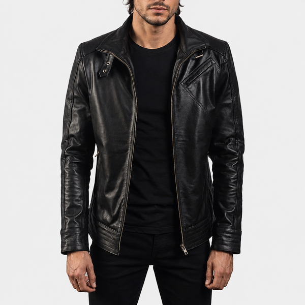 Men’s Black Cowhide Leather Biker Jacket with High Neck Collar