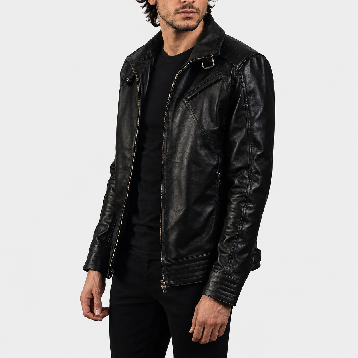 Men’s Black Cowhide Leather Biker Jacket with High Neck Collar
