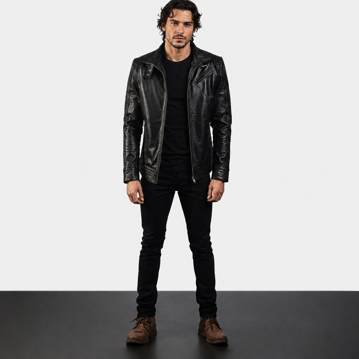 Men’s Black Cowhide Leather Biker Jacket with High Neck Collar