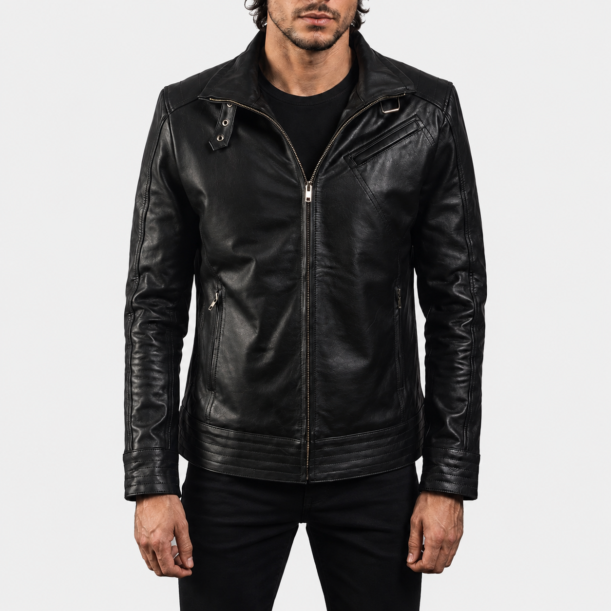 Men’s Black Cowhide Leather Biker Jacket with High Neck Collar