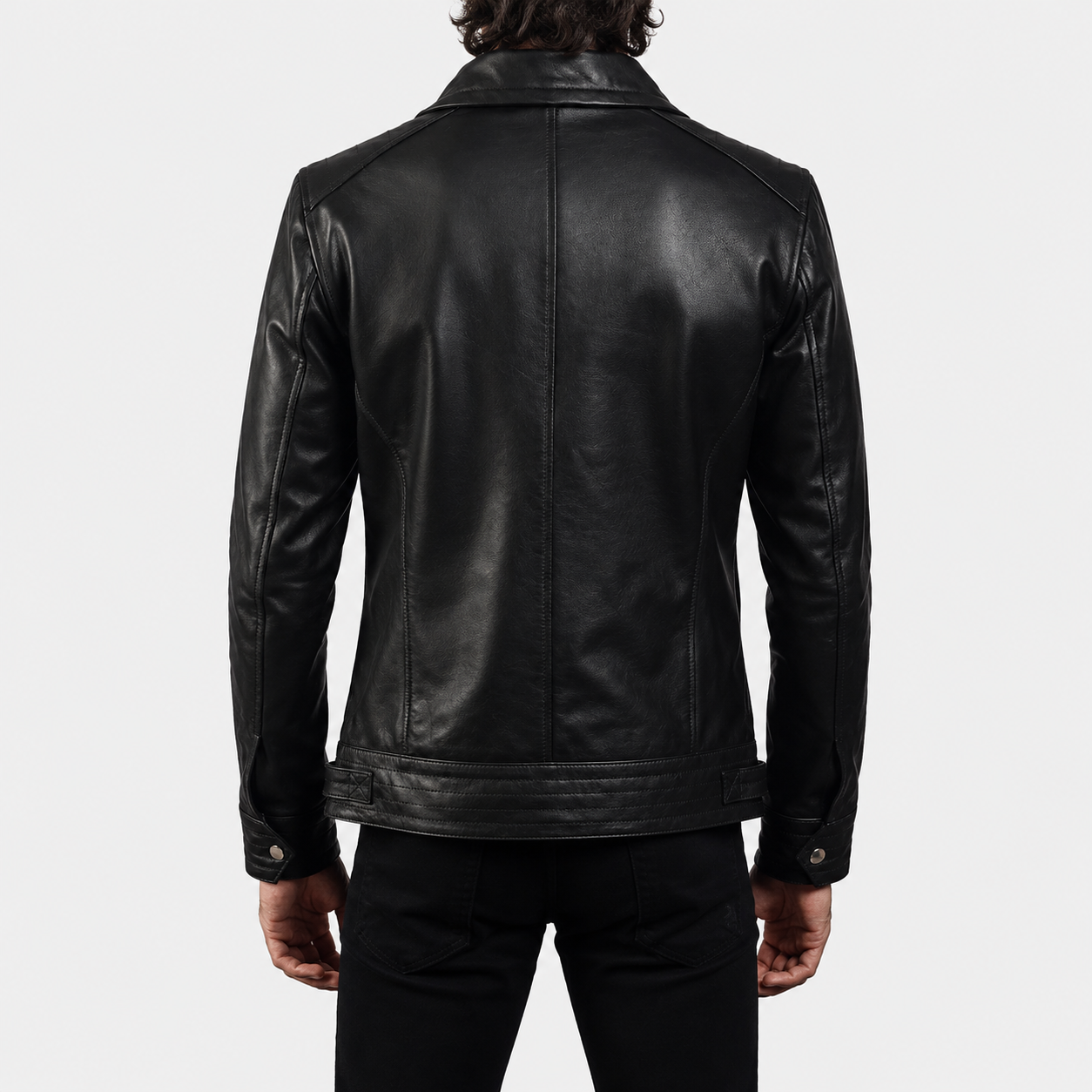 Men’s Black Cowhide Leather Biker Jacket with High Neck Collar