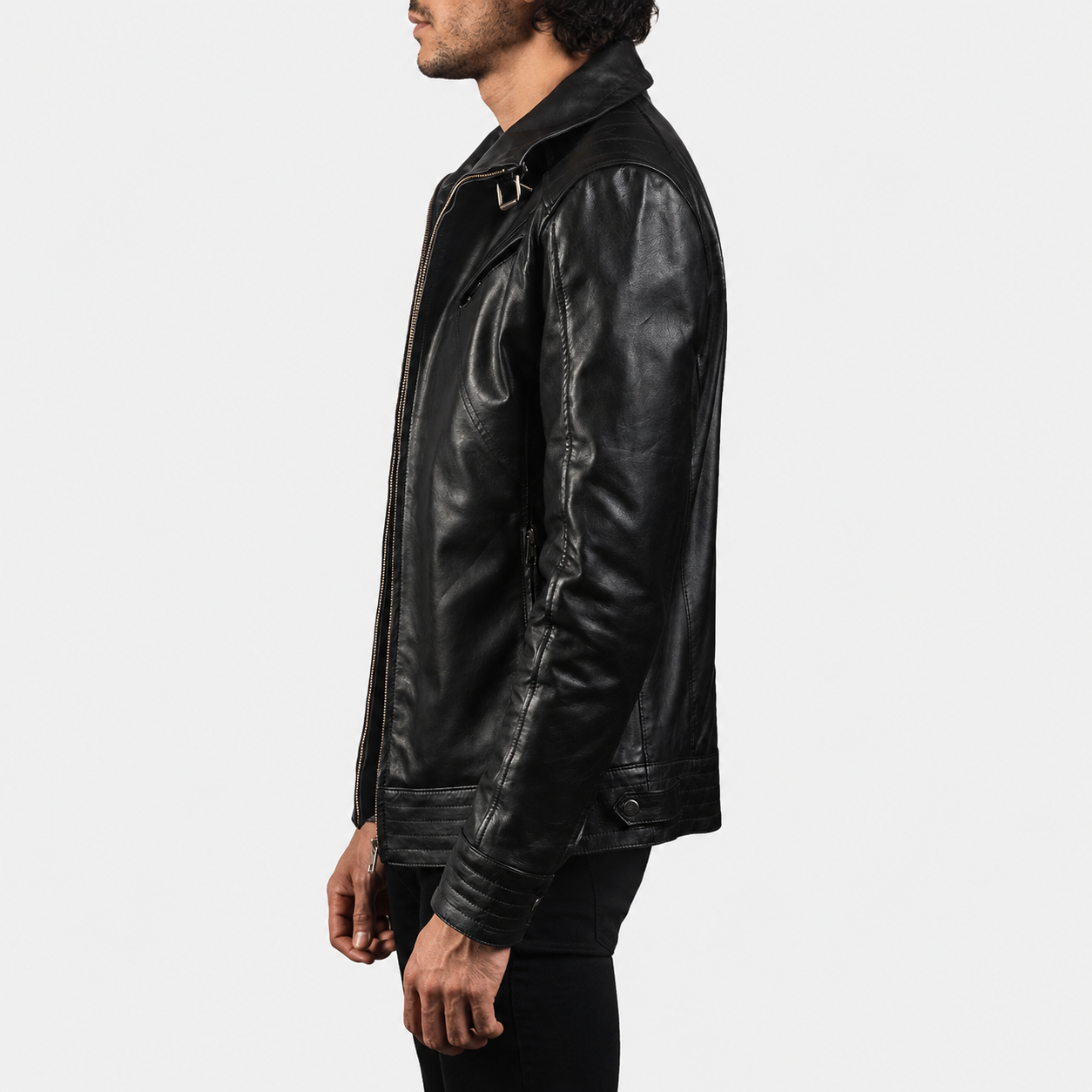 Men’s Black Cowhide Leather Biker Jacket with High Neck Collar