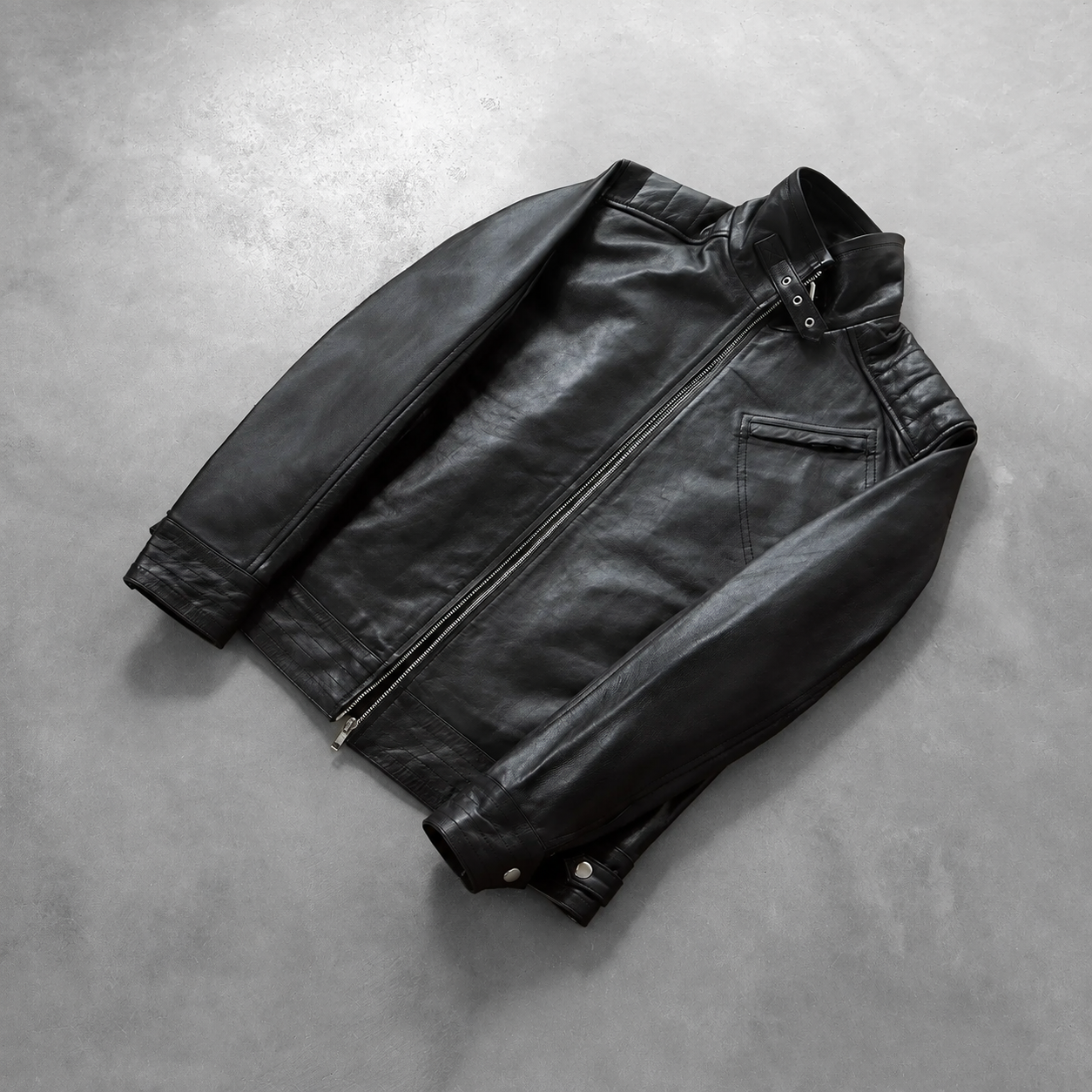 Men’s Black Cowhide Leather Biker Jacket with High Neck Collar