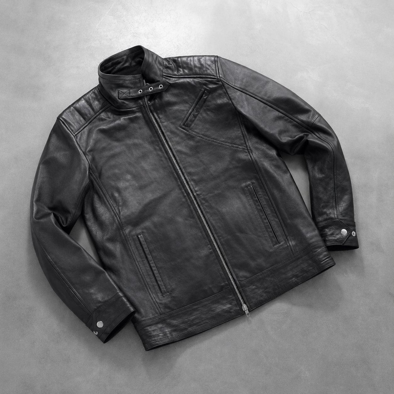 Men’s Black Cowhide Leather Biker Jacket with High Neck Collar