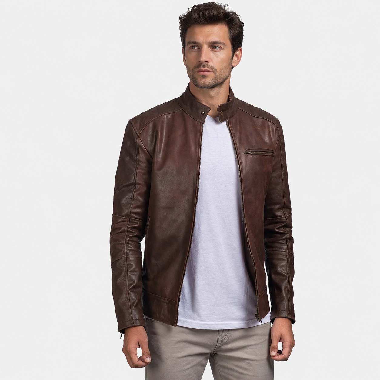 Men’s Brown Cowhide Leather Biker Jacket with Band Collar