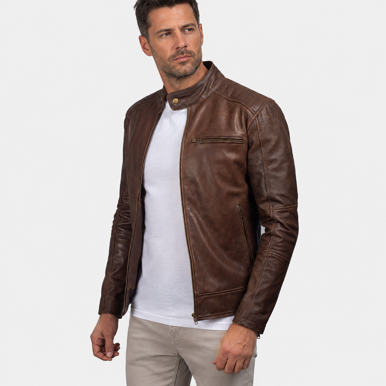 Men’s Brown Cowhide Leather Biker Jacket with Band Collar