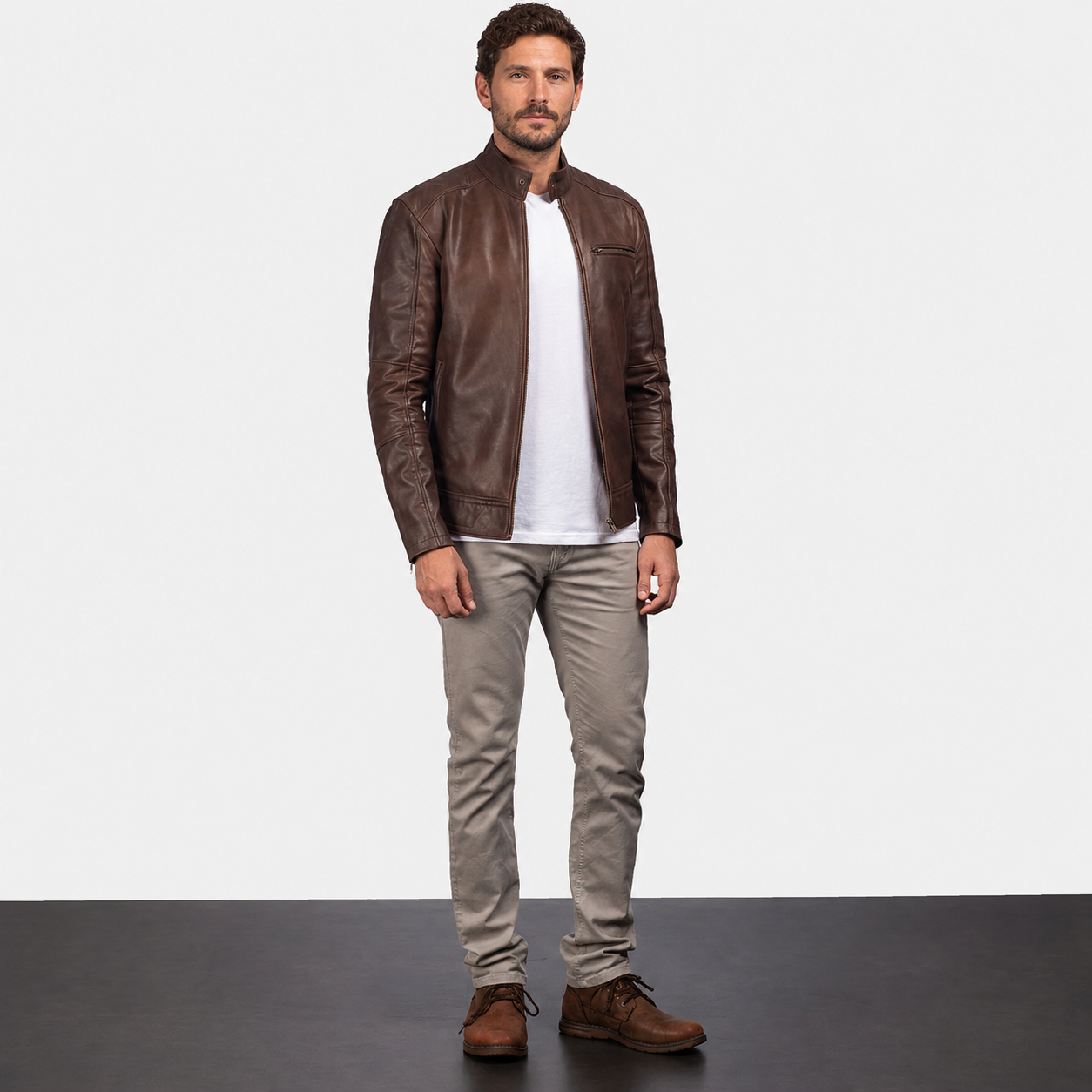 Men’s Brown Cowhide Leather Biker Jacket with Band Collar