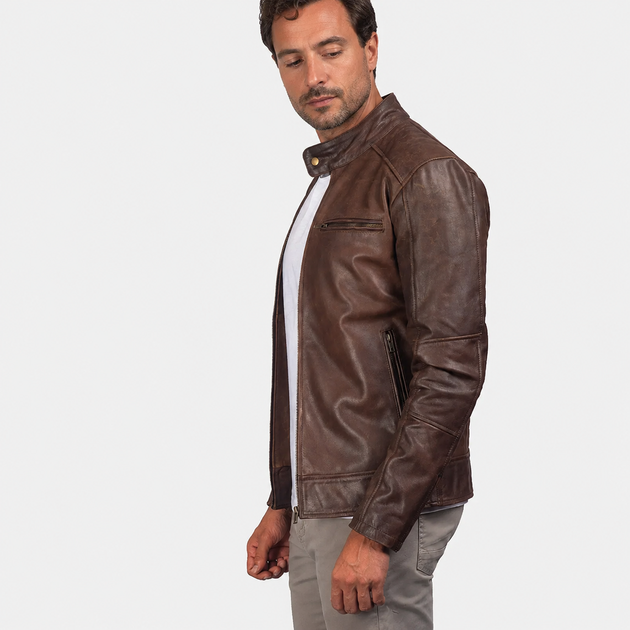 Men’s Brown Cowhide Leather Biker Jacket with Band Collar