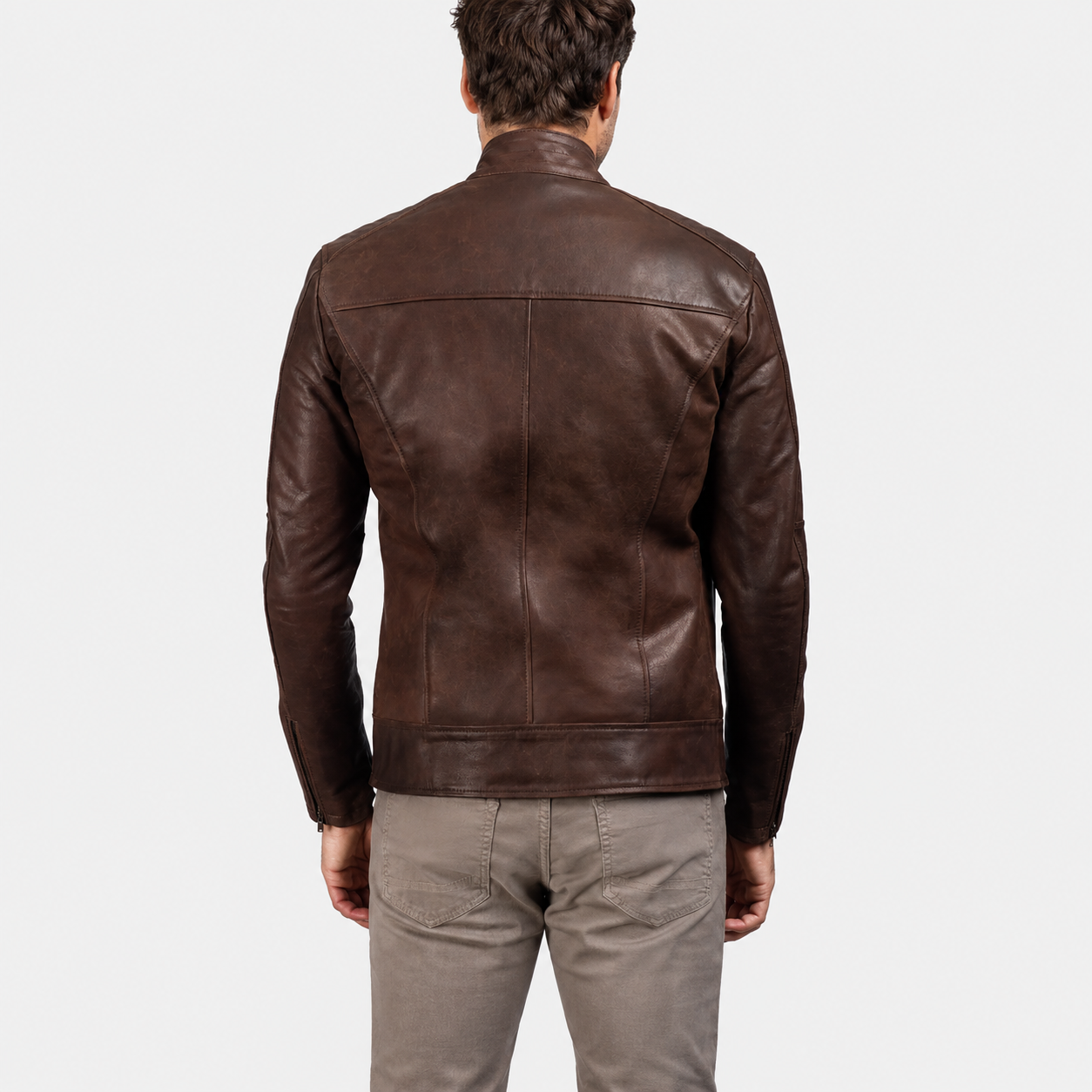 Men’s Brown Cowhide Leather Biker Jacket with Band Collar