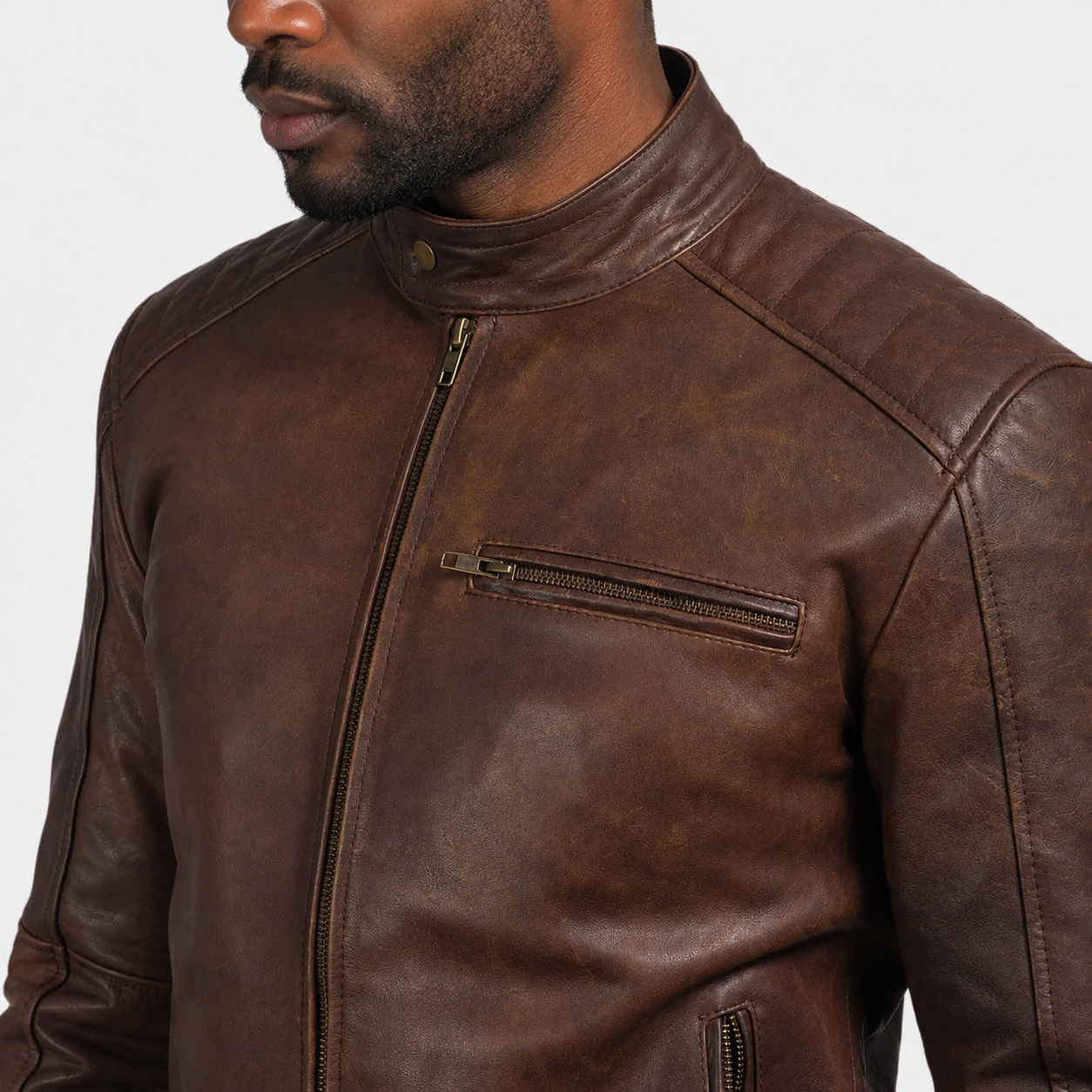 Men’s Brown Cowhide Leather Biker Jacket with Band Collar