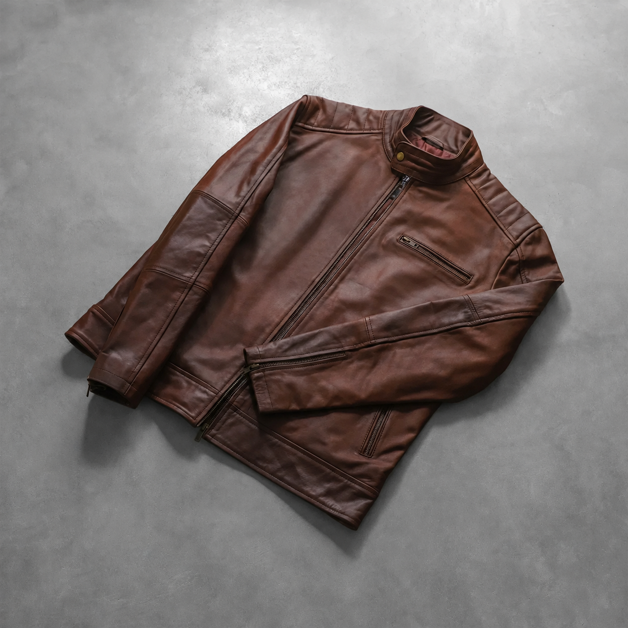 Men’s Brown Cowhide Leather Biker Jacket with Band Collar