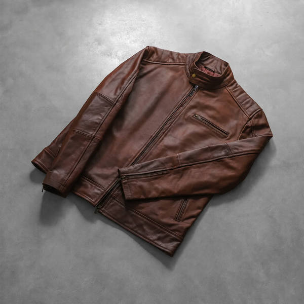Men’s Brown Cowhide Leather Biker Jacket with Band Collar