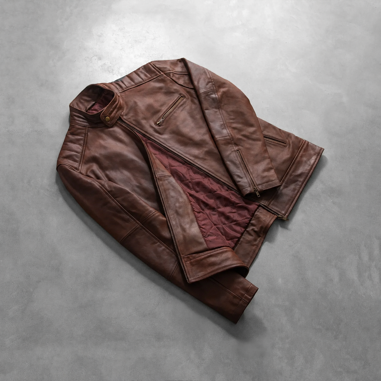 Men’s Brown Cowhide Leather Biker Jacket with Band Collar