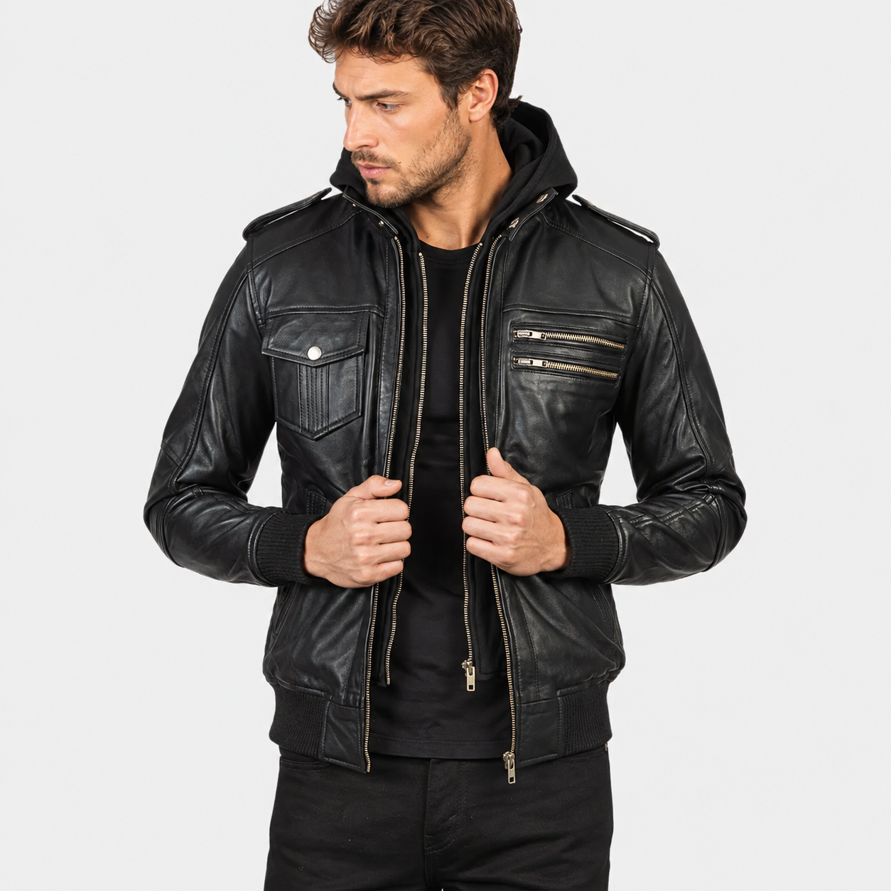 Men’s Black Sheepskin Leather Bomber Jacket with Removable Hood