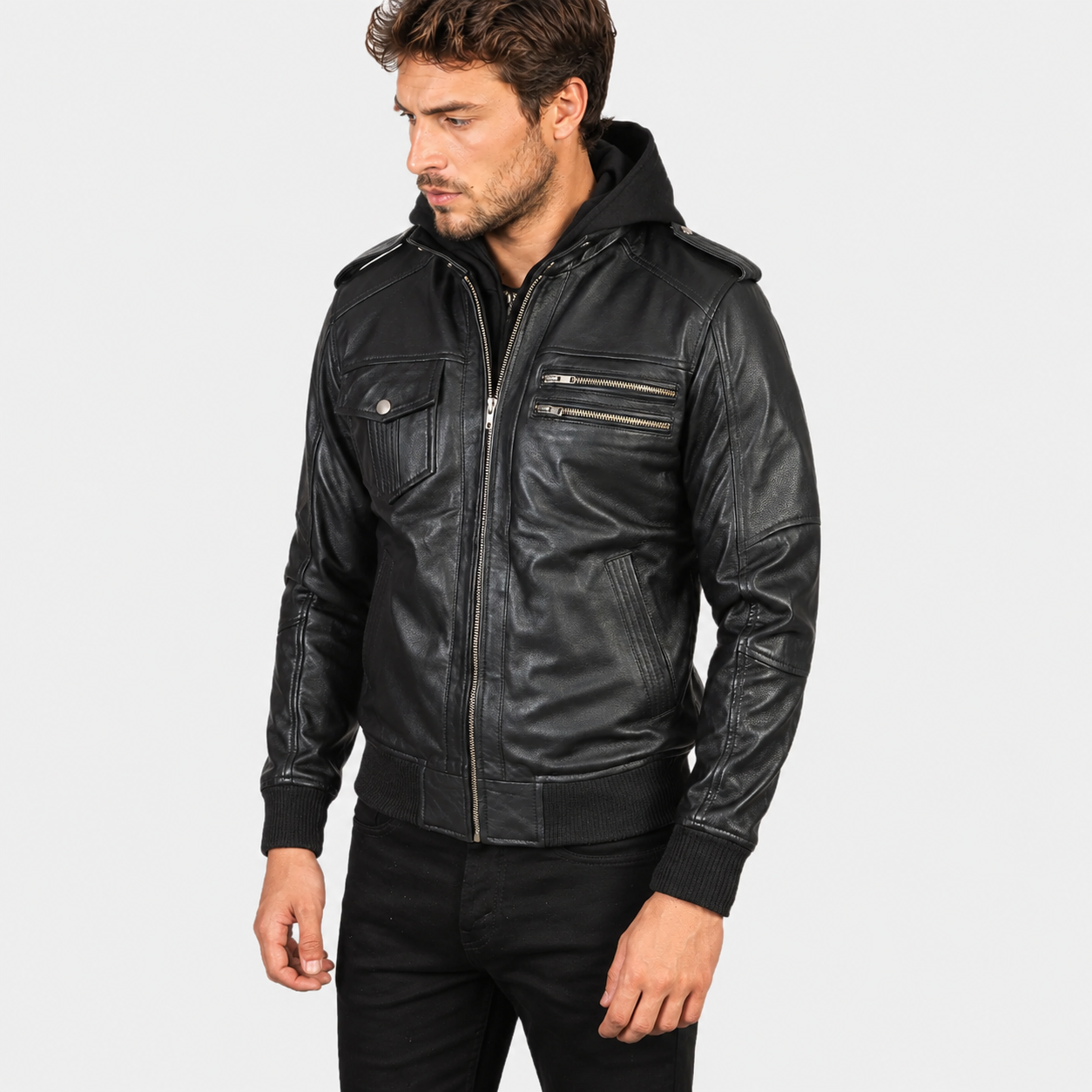 Men’s Black Sheepskin Leather Bomber Jacket with Removable Hood