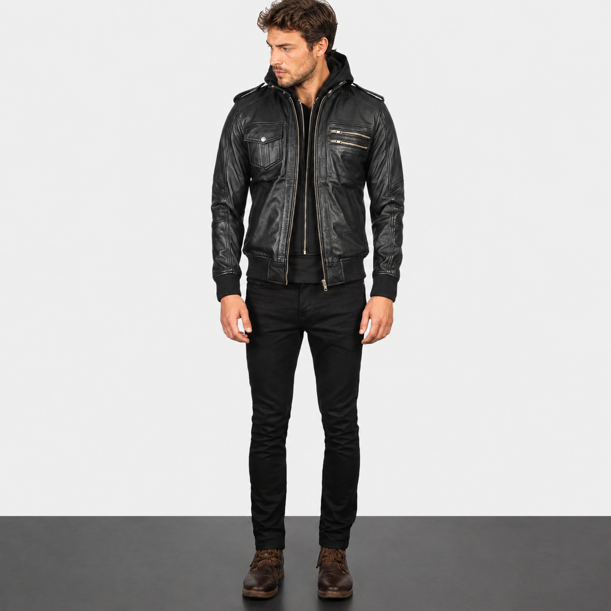 Men’s Black Sheepskin Leather Bomber Jacket with Removable Hood