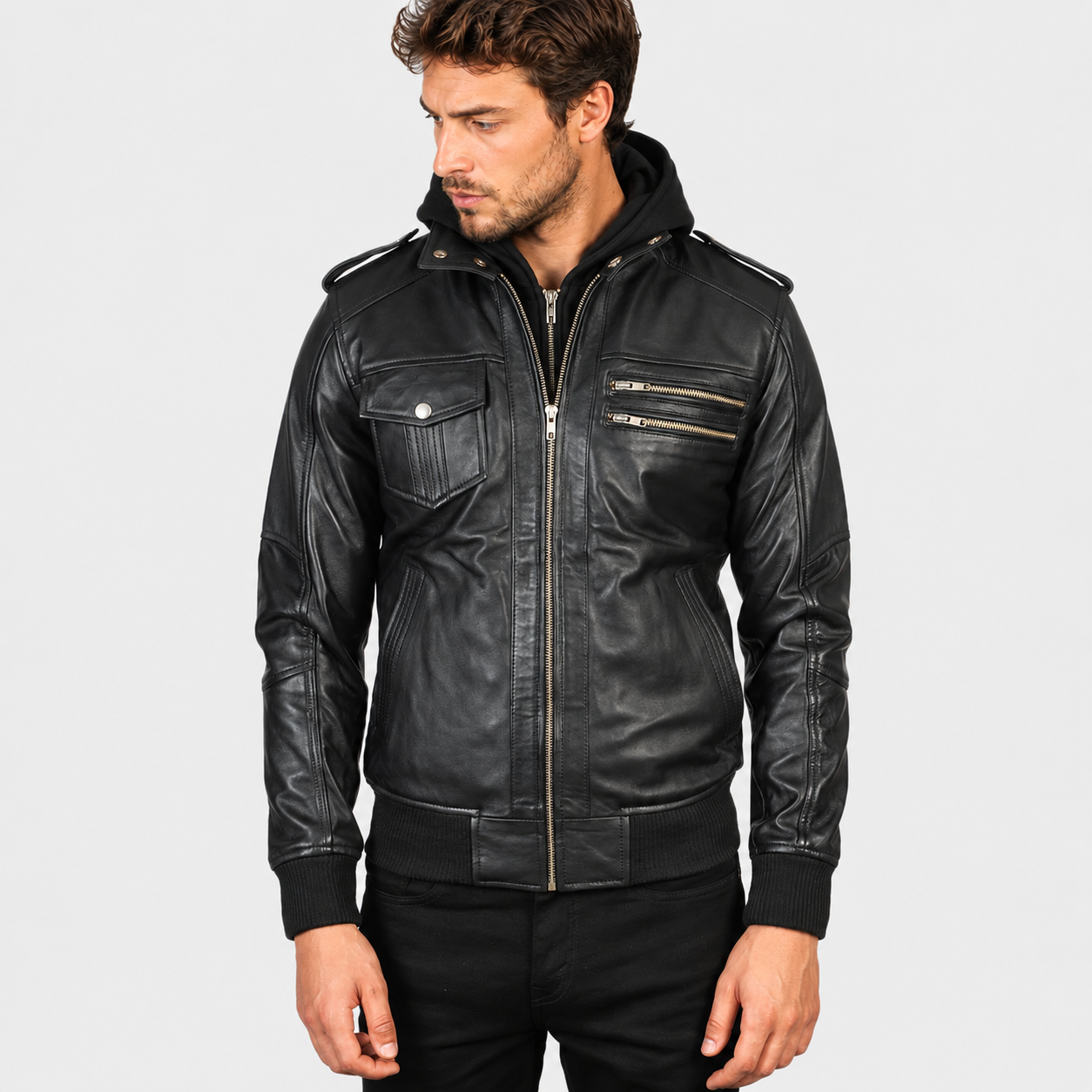 Men’s Black Sheepskin Leather Bomber Jacket with Removable Hood