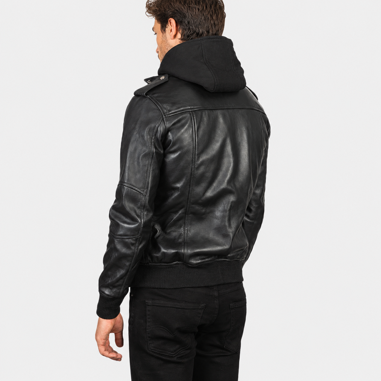 Men’s Black Sheepskin Leather Bomber Jacket with Removable Hood