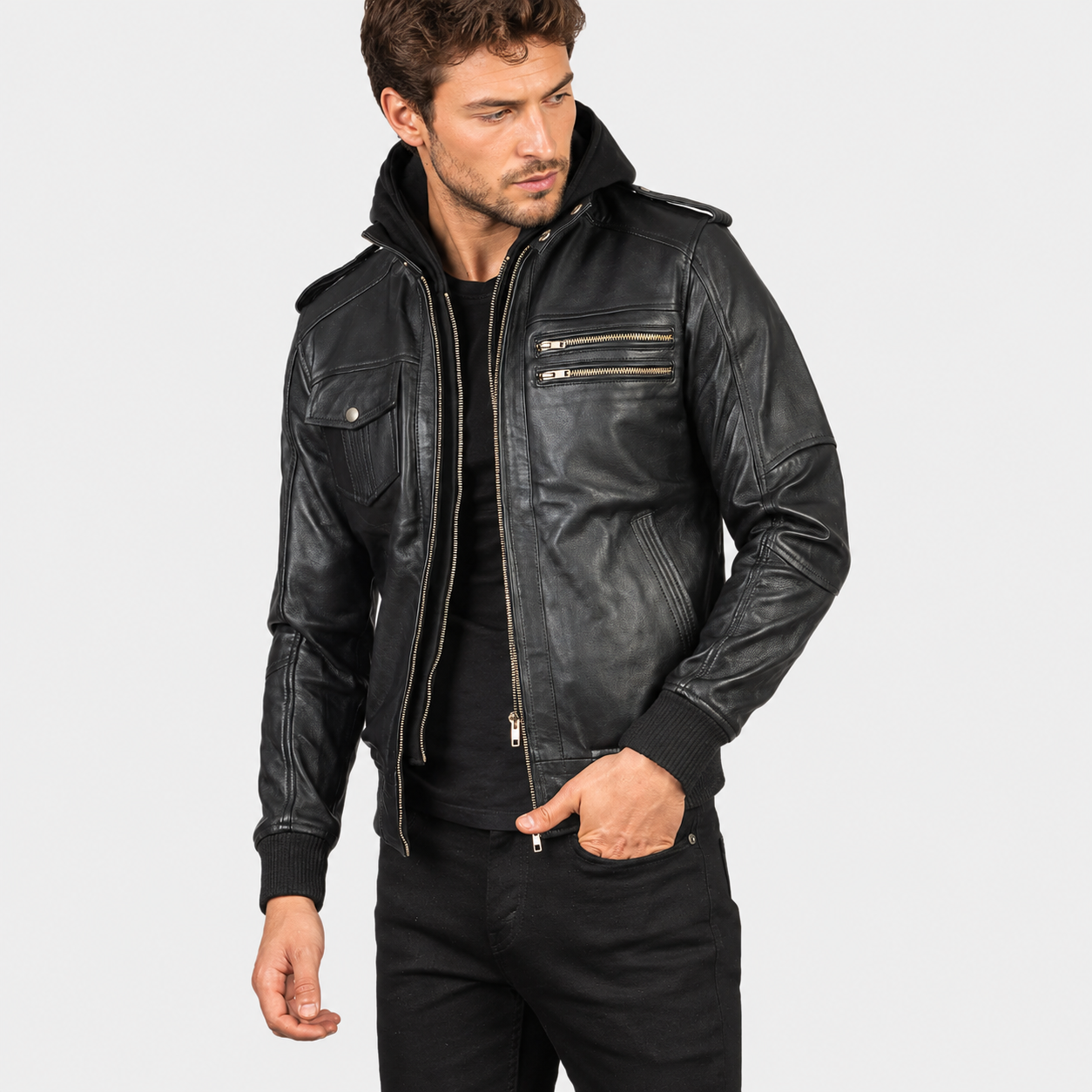 Men’s Black Sheepskin Leather Bomber Jacket with Removable Hood
