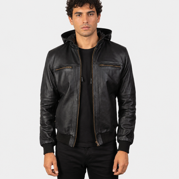 Men’s Black Cowhide Leather Bomber Jacket with Detachable Hood