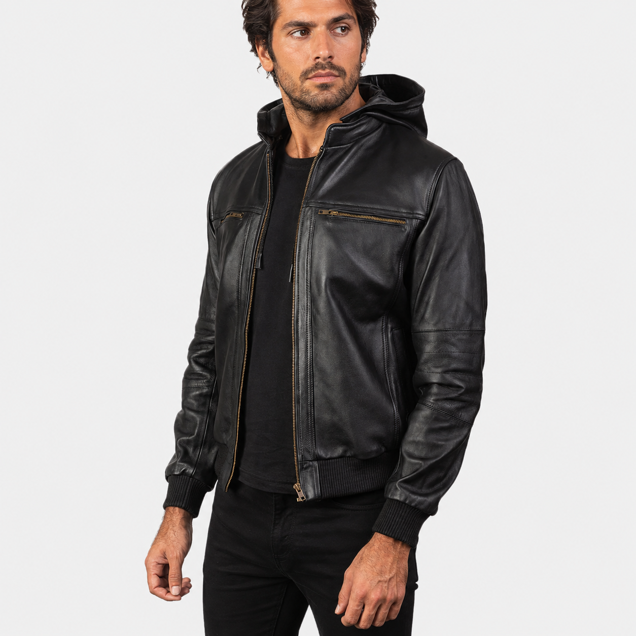 Men’s Black Cowhide Leather Bomber Jacket with Detachable Hood