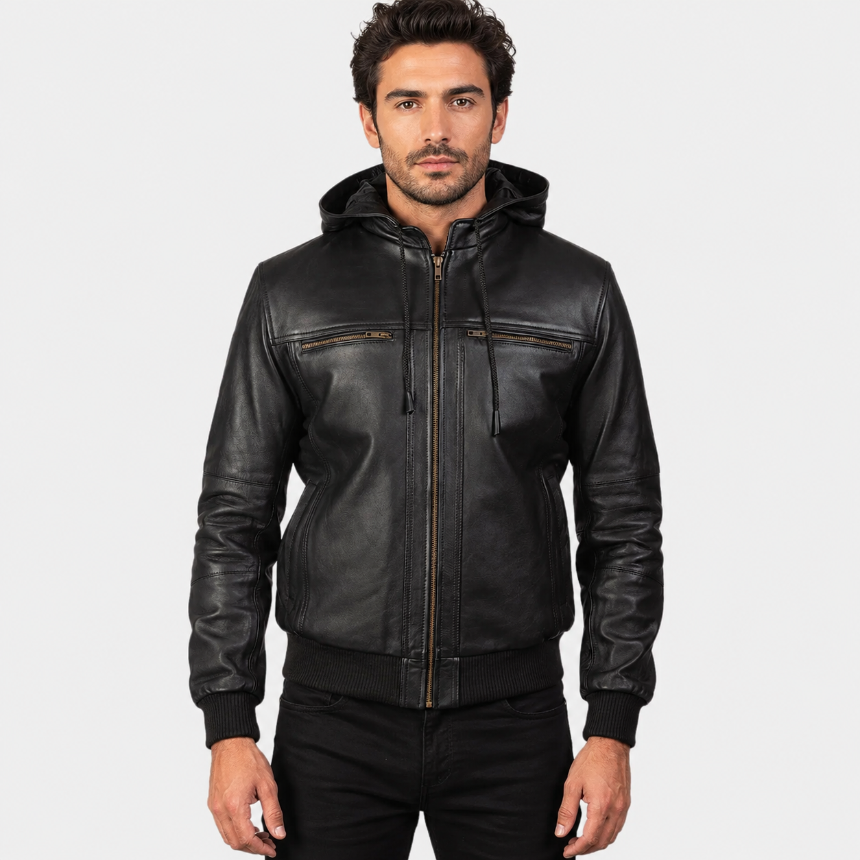 Men’s Black Cowhide Leather Bomber Jacket with Detachable Hood