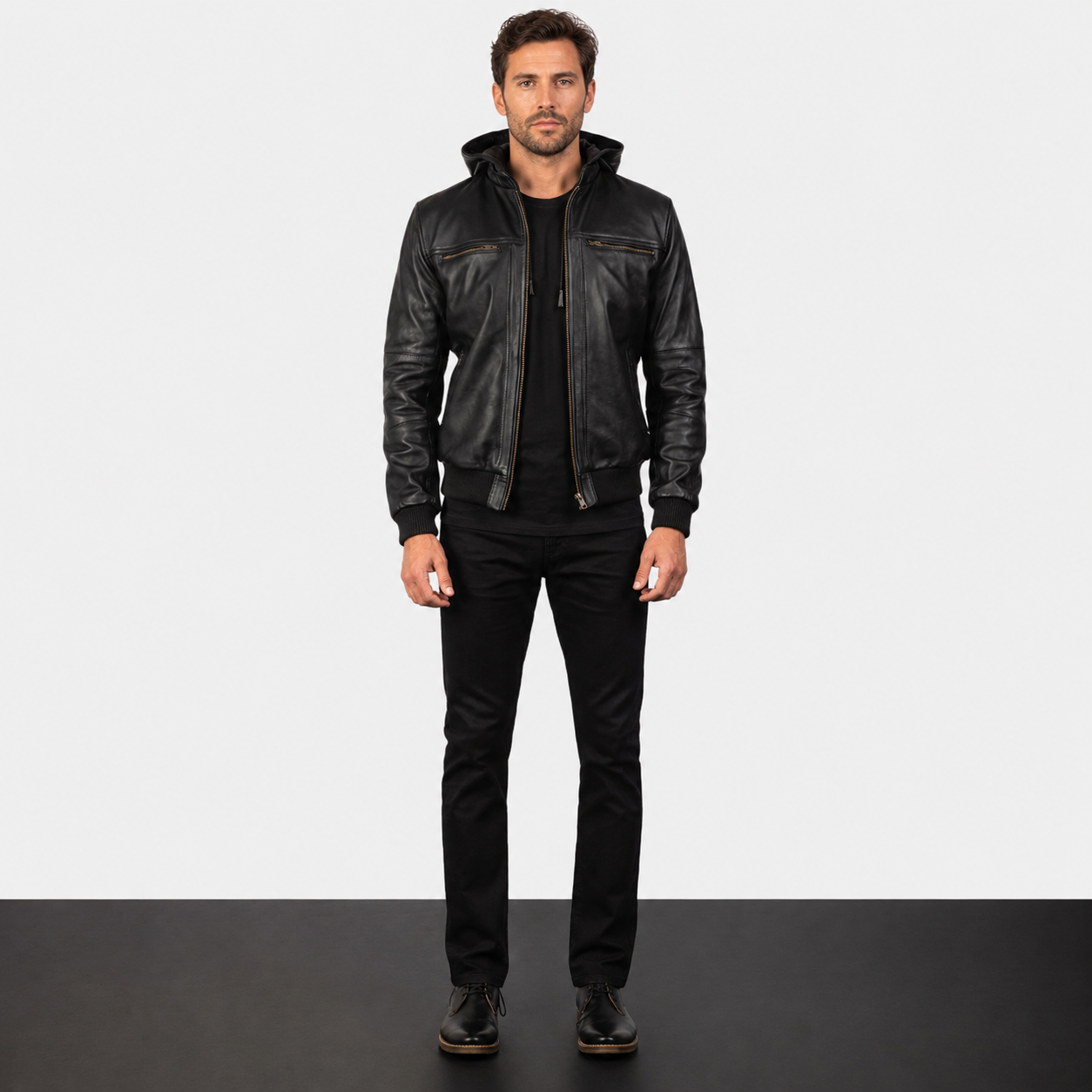 Men’s Black Cowhide Leather Bomber Jacket with Detachable Hood