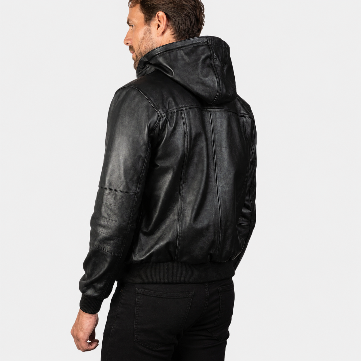 Men’s Black Cowhide Leather Bomber Jacket with Detachable Hood