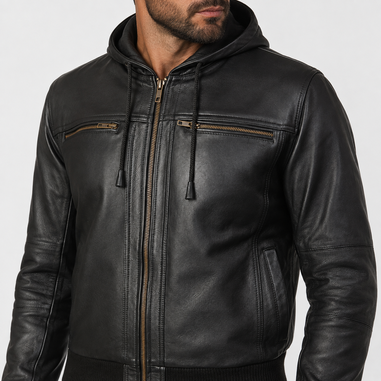 Men’s Black Cowhide Leather Bomber Jacket with Detachable Hood