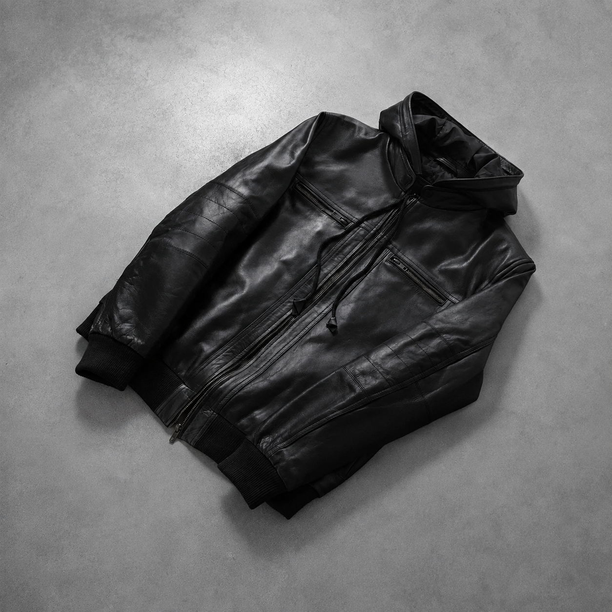 Men’s Black Cowhide Leather Bomber Jacket with Detachable Hood