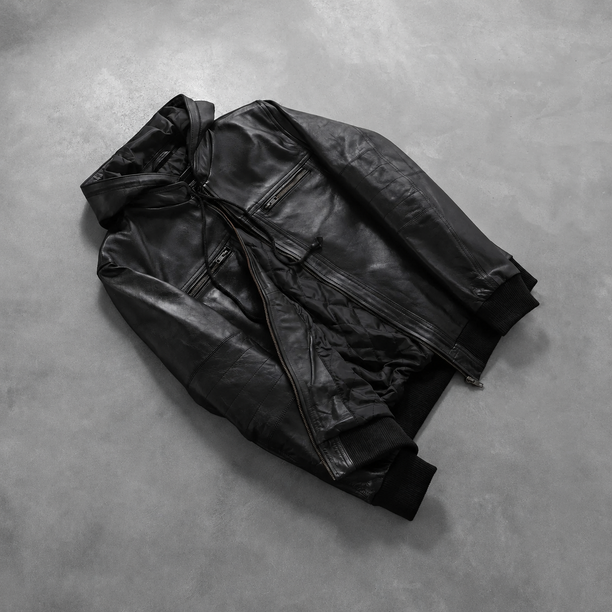 Men’s Black Cowhide Leather Bomber Jacket with Detachable Hood