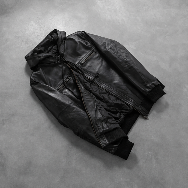 Men’s Black Cowhide Leather Bomber Jacket with Detachable Hood