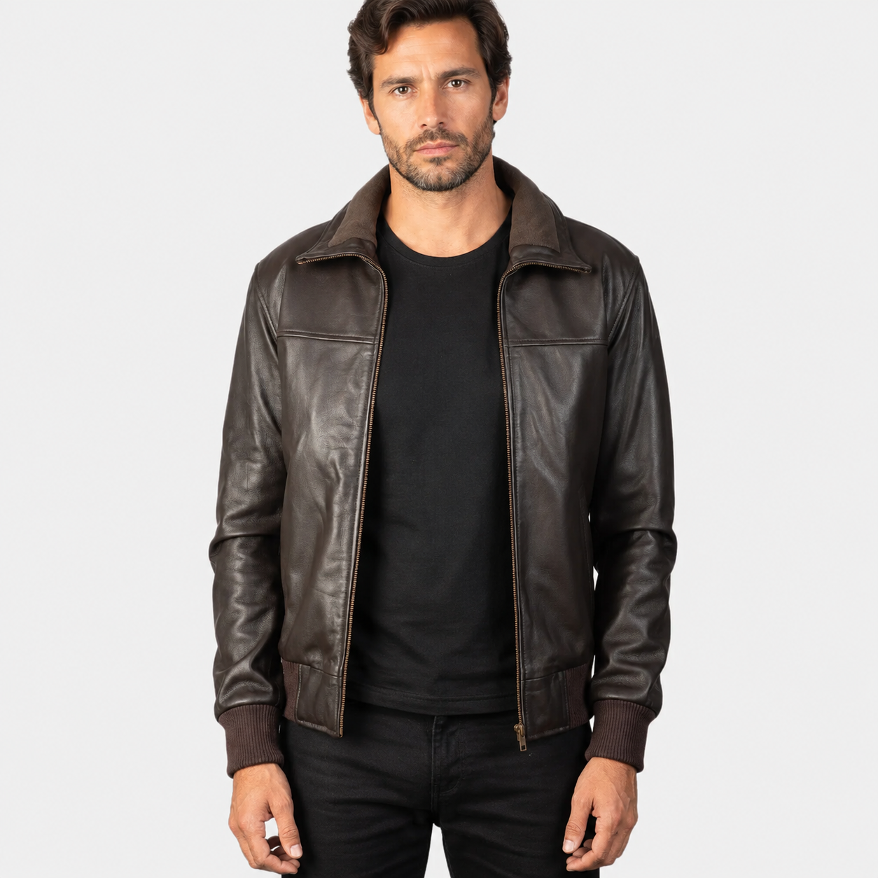 Men’s Dark Brown Sheepskin Leather Bomber Jacket with Fleece Collar